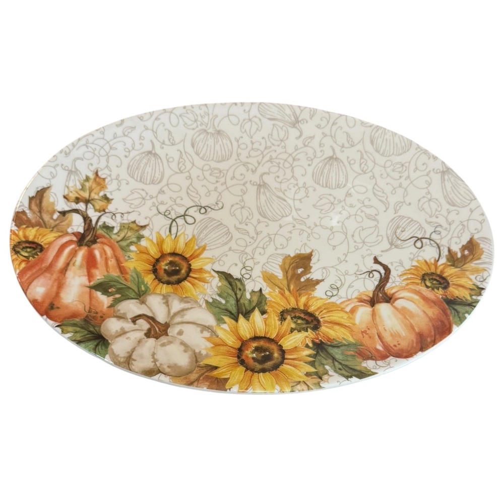 VM International Sunflower Pumpkin 13.4 Inch Oval Serving Platter Fall Harvest